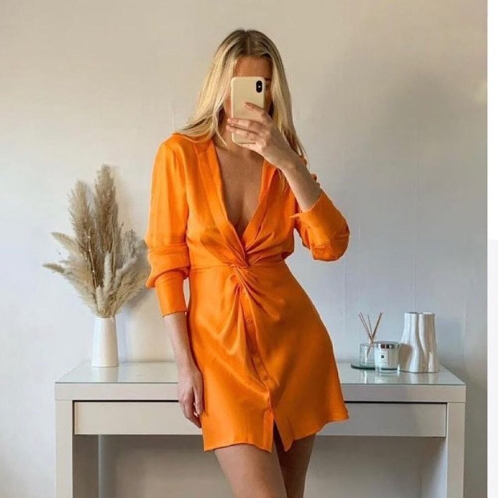 Zara Satin Knot Mini Dress Orange NWT Size Small Sexy Summer Vacation Resort